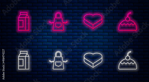 Set line Kitchen apron, Candy in heart shaped box, Paper package for milk and Cake. Glowing neon icon on brick wall. Vector.