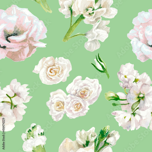 Pastel colors  floral pattern  white roses isolated on light green background. Watercolor painting