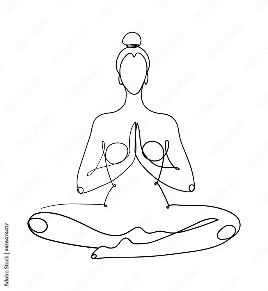 Continuous one line drawing. The meditating woman is sitting in the