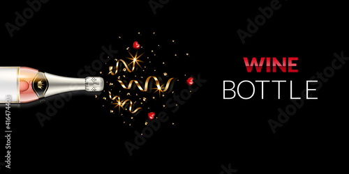 Champagne bottle with ribbons and hearts, isolated on black background.