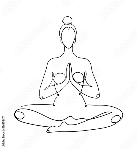 Continuous one line drawing. The meditating woman is sitting in the lotus position. The concept of yoga, peace of mind, esoteric practices. Minimalist vector illustration.