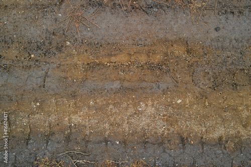 Wheel tracks on the soil. Tire tracks on the ground. Soil texture background. Ground. Soil closeup and high detail. Ground surface. Late fall. Autumn