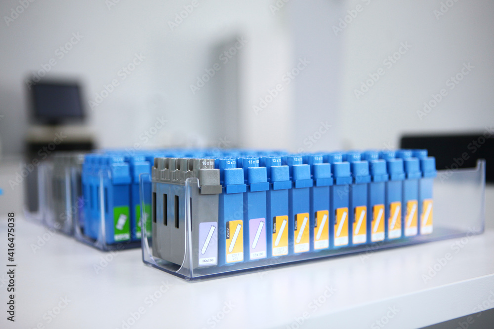 Empty test tube stands. Photo in the clinical and diagnostic laboratory. Scientific research in the laboratory. The concept of health protection. Empty test tube stands. Photo in the clinical and diagnostic laboratory. Scientific research in the laboratory. The concept of health protection.