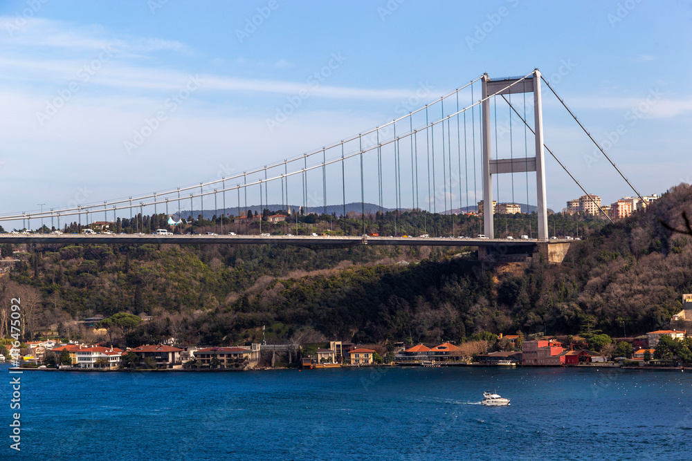 Naklejka premium Fatih Sultan Mehmet bridge across a Bosphorus. Istanbul, Turkey.