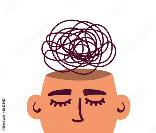Mental health illness, psychology. Sad human head with confused thoughts inside. Depressive disorder, anxiety issues, mind stress. Burnout, emotional problem. Therapy abstract vector illustration