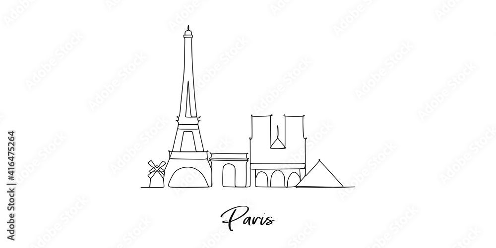 Paris France Landmarks - continuous one line drawing