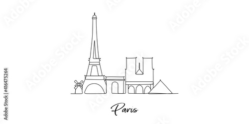 Paris France Landmarks - continuous one line drawing