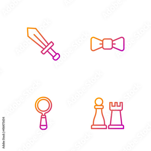 Set line Chess, Magnifying glass, Sword for game and Bow tie. Gradient color icons. Vector.
