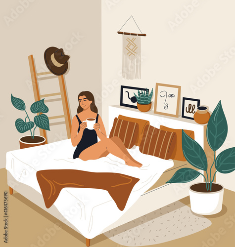 Happy woman woke up in the morning and drinks coffee. Cartoon girl awakening in bedroom. Vector illustration of the interior