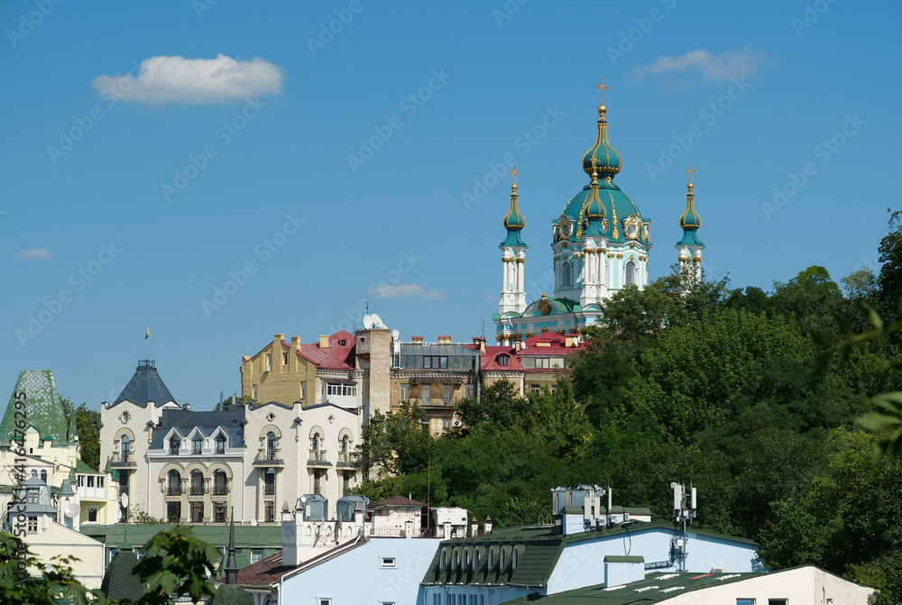 View of historic Podil neighborhood of Kyiv and St Andrews Church, Ukraine