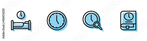Set line Magnifying glass with clock, Time to sleep, Clock and for book icon. Vector.
