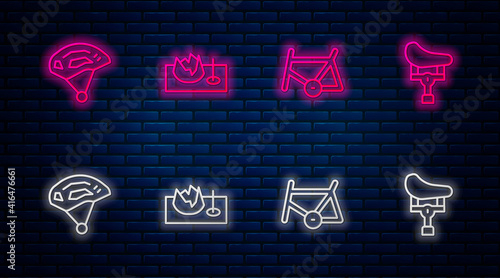 Set line Bicycle on street ramp, frame, helmet and seat. Glowing neon icon on brick wall. Vector.