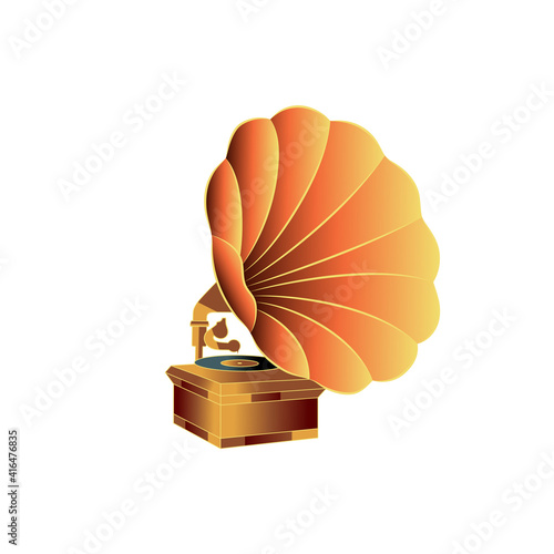 The old music player is a gramophone. Color illustration on a white background..