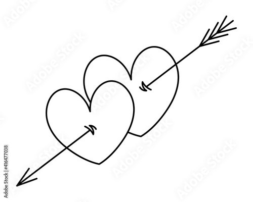 An arrow pierces a couple of hearts. Sketch. Merging of hearts. Vector illustration. Coloring book for children. Valentines Day. Accurate shot. Lovers symbol. The birth of a couple. 
