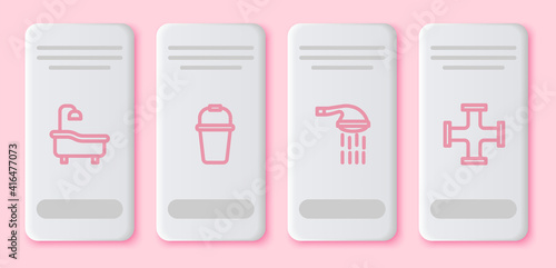 Set line Bathtub, Bucket, Shower and Industry metallic pipe. White rectangle button. Vector.
