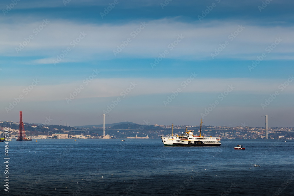 Cruise ferries in Bosphorus between european and asian coasts of Istanbul. Turkey.
