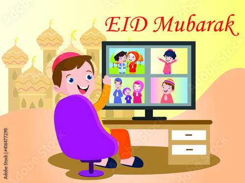 Photography Family celebrating Eid al-fitr online meeting cartoon vector concept for banner, website, illustration, landing page, flyer, etc