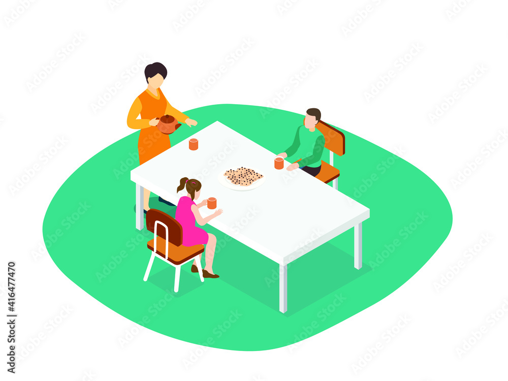Fototapeta premium Mother and kids enjoying afternoon tea isometric vector concept for banner, website, illustration, landing page, flyer, etc