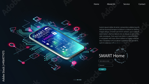Smart home controlled smartphone. Internet of things technology of home automation system. Small house standing on screen mobile phone and wireless connections with icons home electronics devices. iot