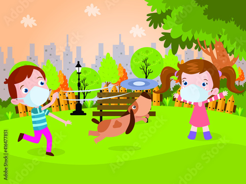 Friends play with dog cartoon vector concept for banner, website, illustration, landing page, flyer, etc.