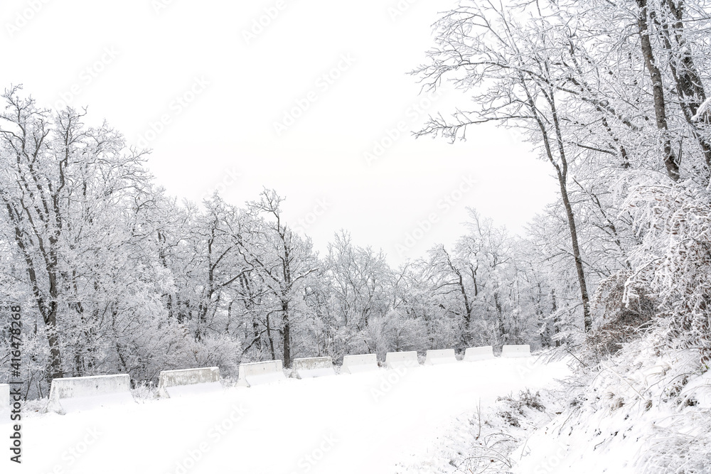 Obraz premium Snowy mountain road in winter forest