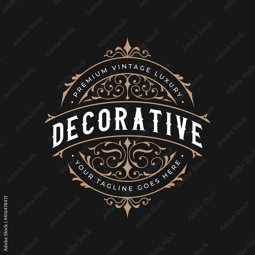 Vintage ornate decorative round circular stamp elegant luxury ornamental victorian style logo design vector. Perfect for whiskey, beer, vodka and brewery packaging label.