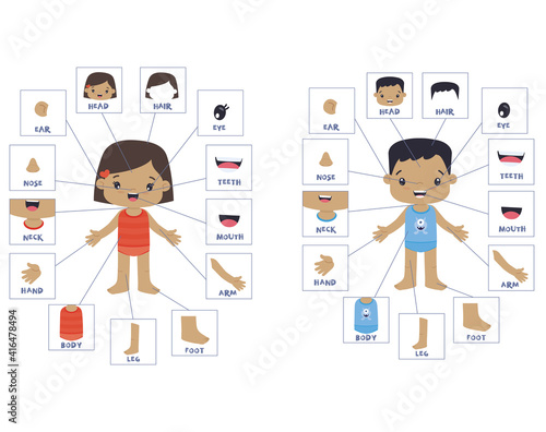 Hispanic Boy and Girl External Body Parts Anatomy Visual Scheme Flat Vector Illustration