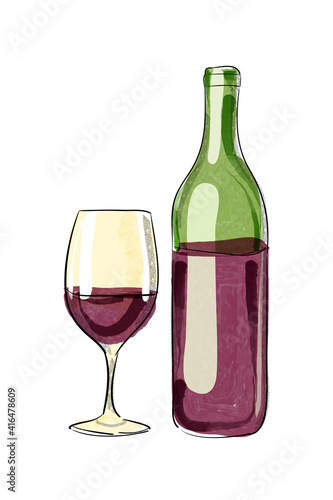Vector hand drawn wine bottle and glass. Digital watercolor.