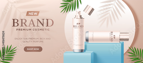 Cosmetic ads template with white bottles on blue square podium stage and palm leaves in 3d illustration