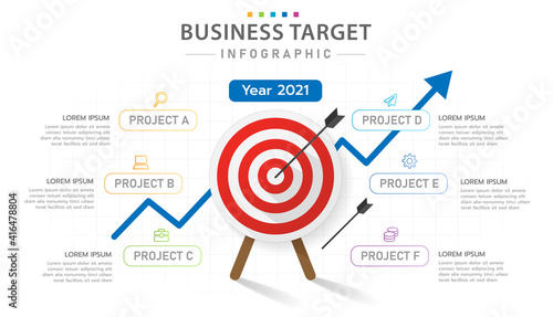 Infographic template for business. Modern Target diagram with project description, presentation vector infographic.