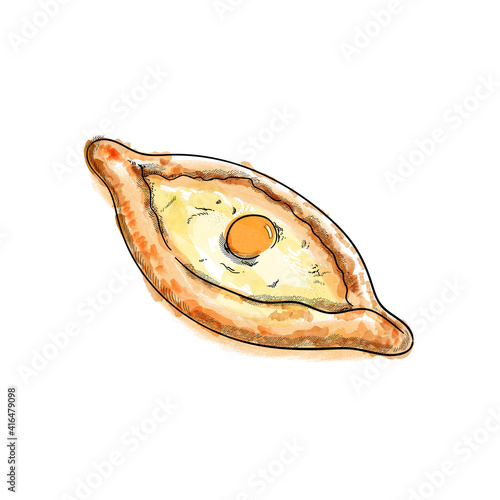 Vector adjarian khachapuri isolated on white background. Traditional Georgian cuisine. Flat watercolor illustration.