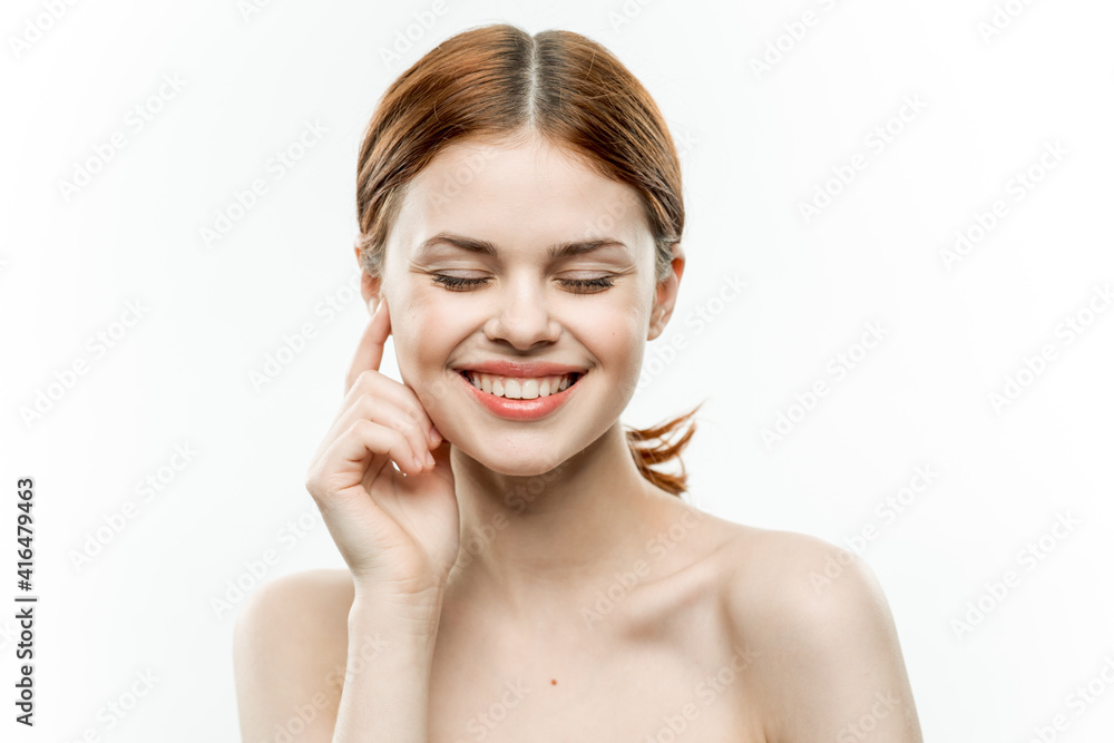 attractive woman naked shoulders cosmetics closed eyes