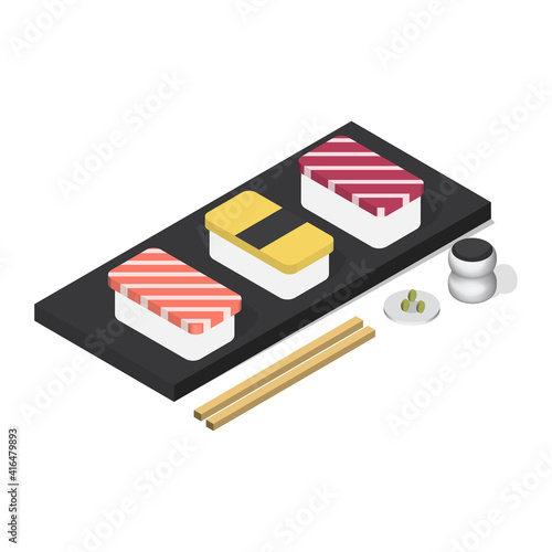 Sushi with soy sauce and wasabi . Japanese food isometric 3d style . Vector illustration.
