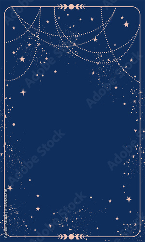 Blue magic background card with stars and space decor with copy space. Natal chart for astrology, tarot, predictions. Boho vector illustration, vintage style.