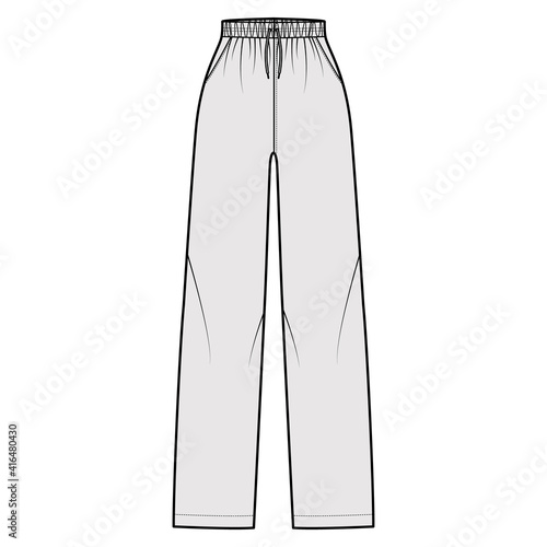 Pajama pants technical fashion illustration with elastic normal waist, high rise, full length, drawstrings, pockets. Flat trousers apparel template front, grey color. Women men unisex CAD mockup