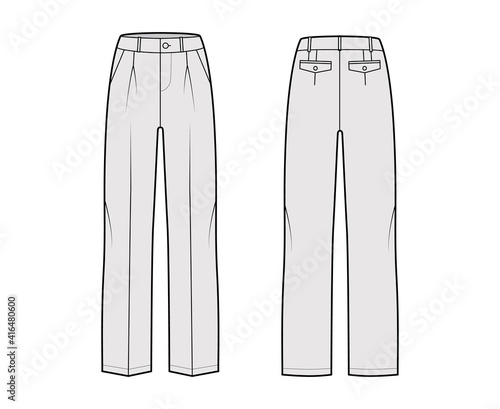Pants tailored technical fashion illustration with low waist, rise, slant slashed flap pockets, single pleat, belt loops. Flat casual bottom trousers front back grey color. Women men unisex CAD mockup