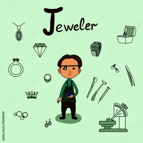 Alphabet Profession set.Learn letters with funny professions.Jeweler for J letter.Perfect for education,baby shower,children prints,texture,template card, books, and much more