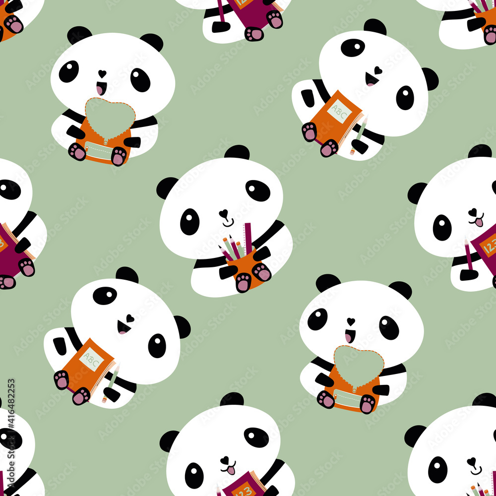 Cute Kawaii vector panda seamless pattern background. Sitting cartoon bears holding backpacks, notebooks, pencil holders on light green backdrop.Fun character repeat for back to school concept. Cute Kawaii vector panda seamless pattern background. Sitting cartoon bears holding backpacks, notebooks, pencil holders on light green backdrop.Fun character repeat for back to school concept.