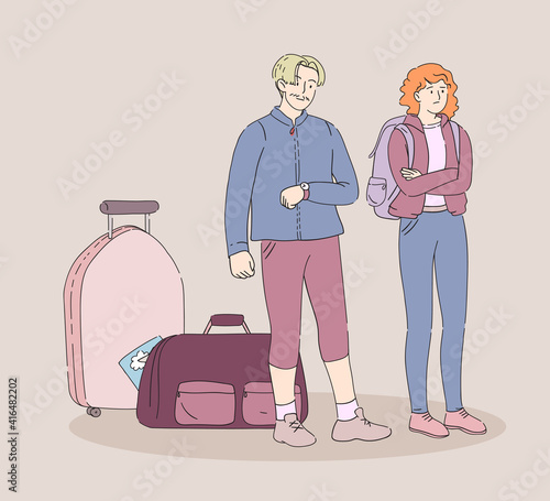 Group of tourists passenger waiting for flight. Airport departure area. Plane boarding flight register, tourists with luggage in landing queue check in flat line