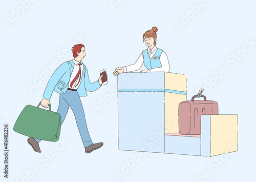 Airport departure area passenger waiting in airport terminal. Tourists with luggage late for airplane. Plane boarding flight register, tourists with luggage in landing queue check in