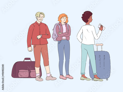 Tourists with luggage late for airplane. Airport departure area passenger together waiting in queue airport terminal.