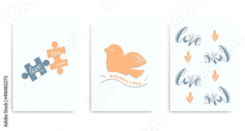 Set of Valentine's day greeting cards with puzzle, bird and lettering. Vector illustration in flat style. Design for valentine and wedding