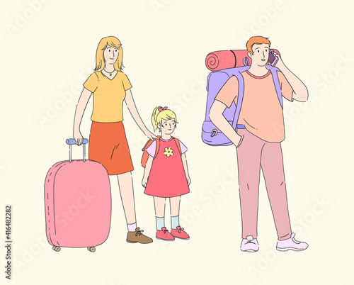 Group of tourists passenger waiting for flight. Airport departure area. Plane boarding flight register, tourists with luggage in landing queue check in flat line