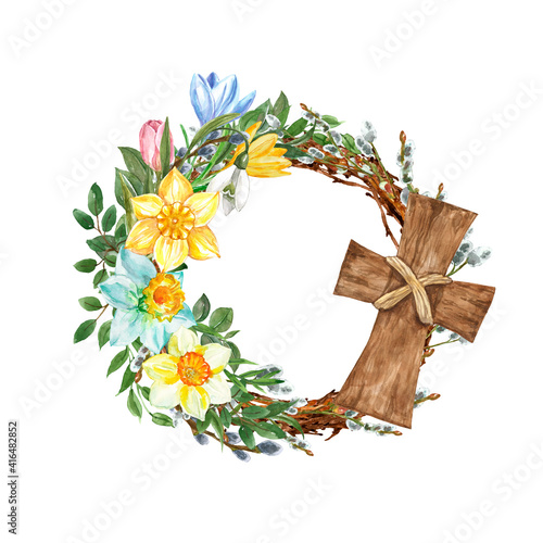 Easter cross wreath illustration. Watercolor hand drawn decorative frame with...