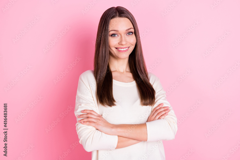Fototapeta premium Photo of gorgeous cheerful person folded arms beaming smile look camera isolated on pink color background