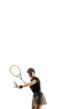 Flyer. Young caucasian professional sportswoman playing tennis isolated on white background. Training, practicing in motion, action. Power and energy. Movement, ad, sport, healthy lifestyle concept.