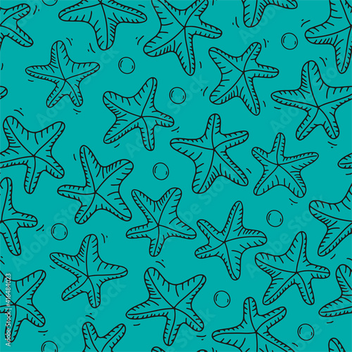 Doodle Starfish seamless pattern. Marine wallpaper. Wrapping sea life.