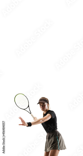 Flyer. Young caucasian professional sportswoman playing tennis isolated on white background. Training, practicing in motion, action. Power and energy. Movement, ad, sport, healthy lifestyle concept.