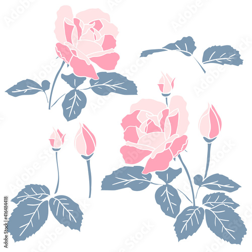 Pink rose with leaves and buds set. Simple flat silhouette with white outline delicate garden flower clip art for logo or greeting cards. Stock vector illustration isolated on white background.