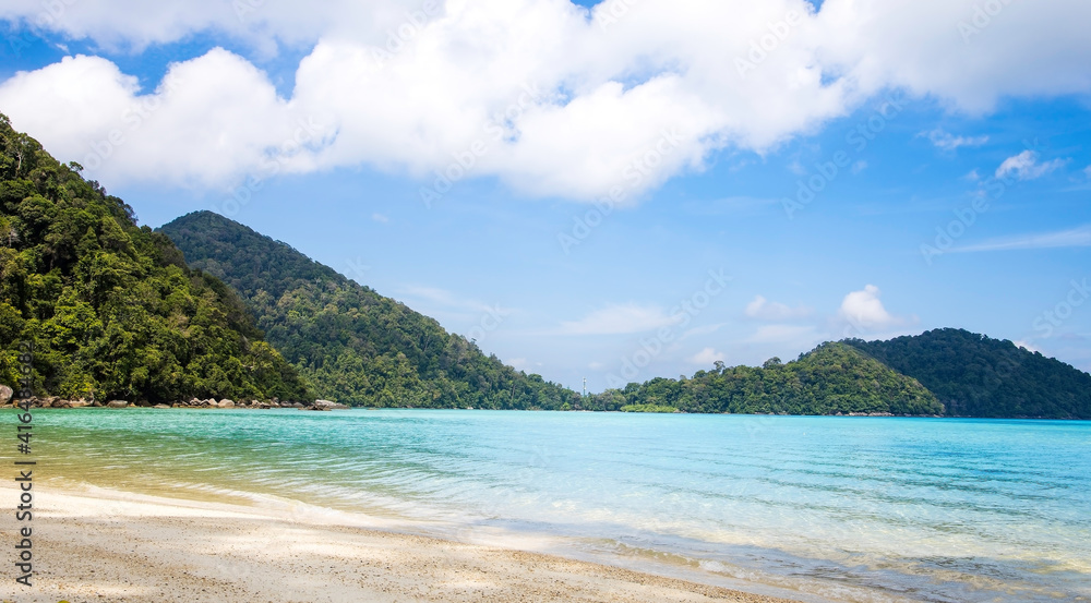 Landscape of paradise tropical island beach with turquoise ocean water background,Summer concept